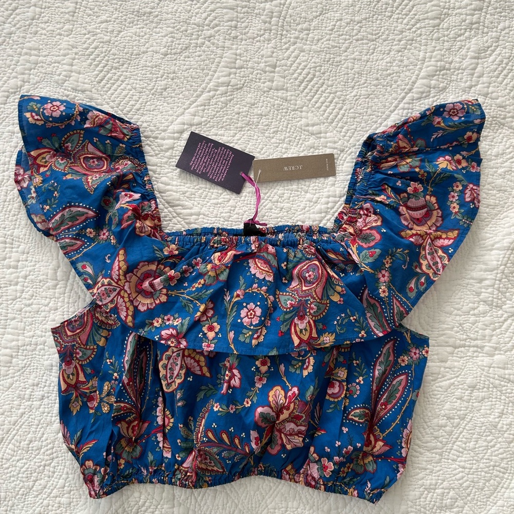 NWT J Crew Liberty Fabric Paloma Top.Off the shoulder/cropped. Blue paisley Med
